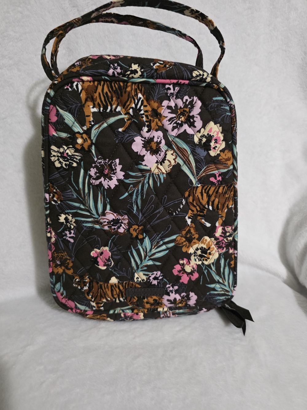 Vera Bradley Black Quilted Tiger & Floral Lunch Tote with Teal and Pink Accents